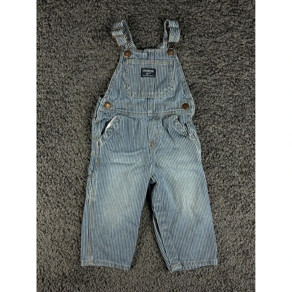 OshKosh Bgosh Toddler 24M Hickory Stripe Denim Overalls Blue White Vestbak Bib